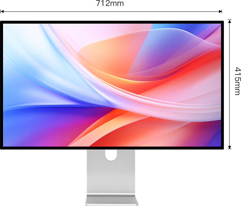 Maattekening van de voorkant van de Kuycon G32P-monitor: 712 mm breed en 415 mm hoog zonder voet