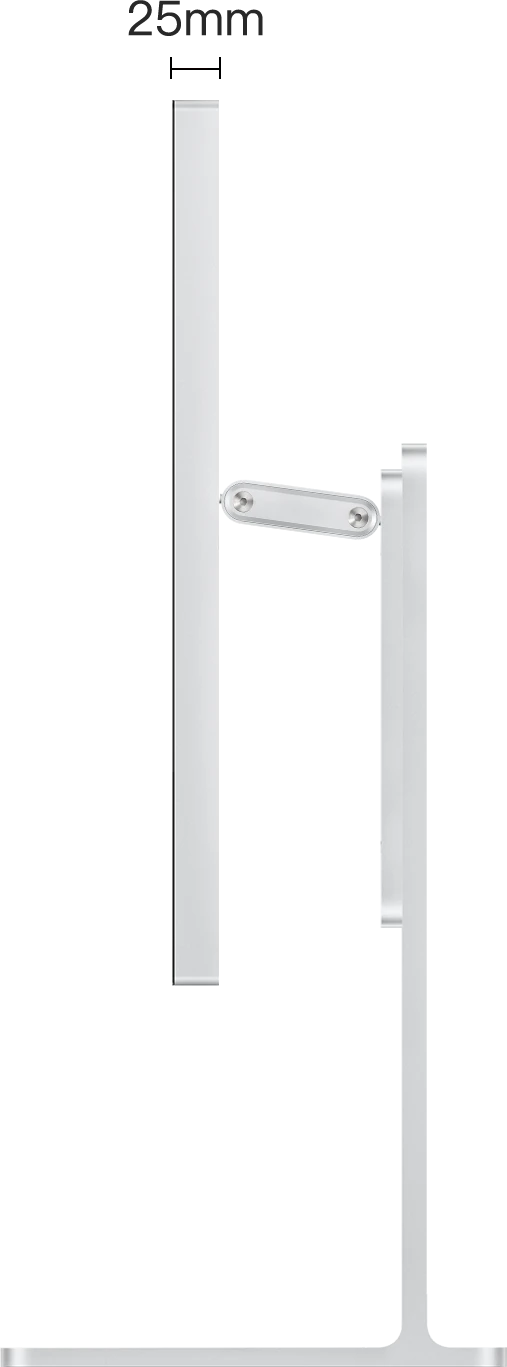 Maattekening van de zijkant van de Kuycon G32P-monitor op zijn voet, met een behuizingsdikte van 25 mm