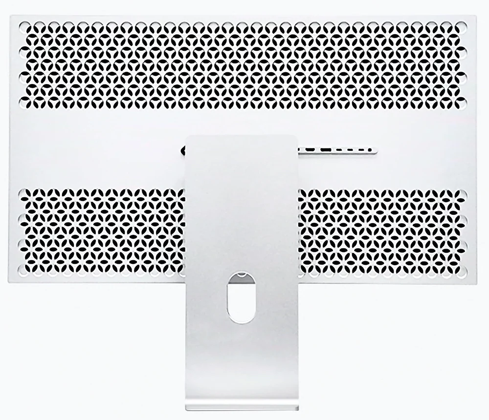 Achterkant van de Kuycon G32P-monitor: geperforeerd aluminium paneel, rij aansluitingen en zilverkleurige voet