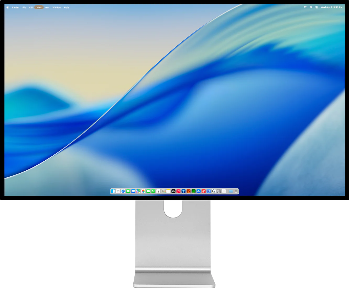 Kuycon G32P-monitor van voren gezien op zijn zilverkleurige voet, met het bureaublad van macOS, de menubalk, het Dock en een achtergrond met blauwe golven