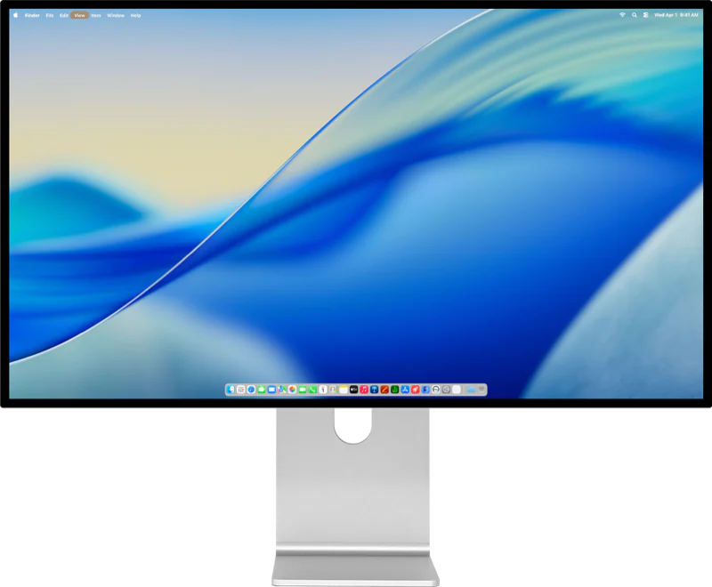 Kuycon G32P-monitor van voren gezien op zijn zilverkleurige voet