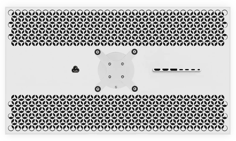 Achterkant van de Kuycon G32P-monitor zonder voet, met de VESA-montageplaat in het midden, de netaansluiting en de rij aansluitingen