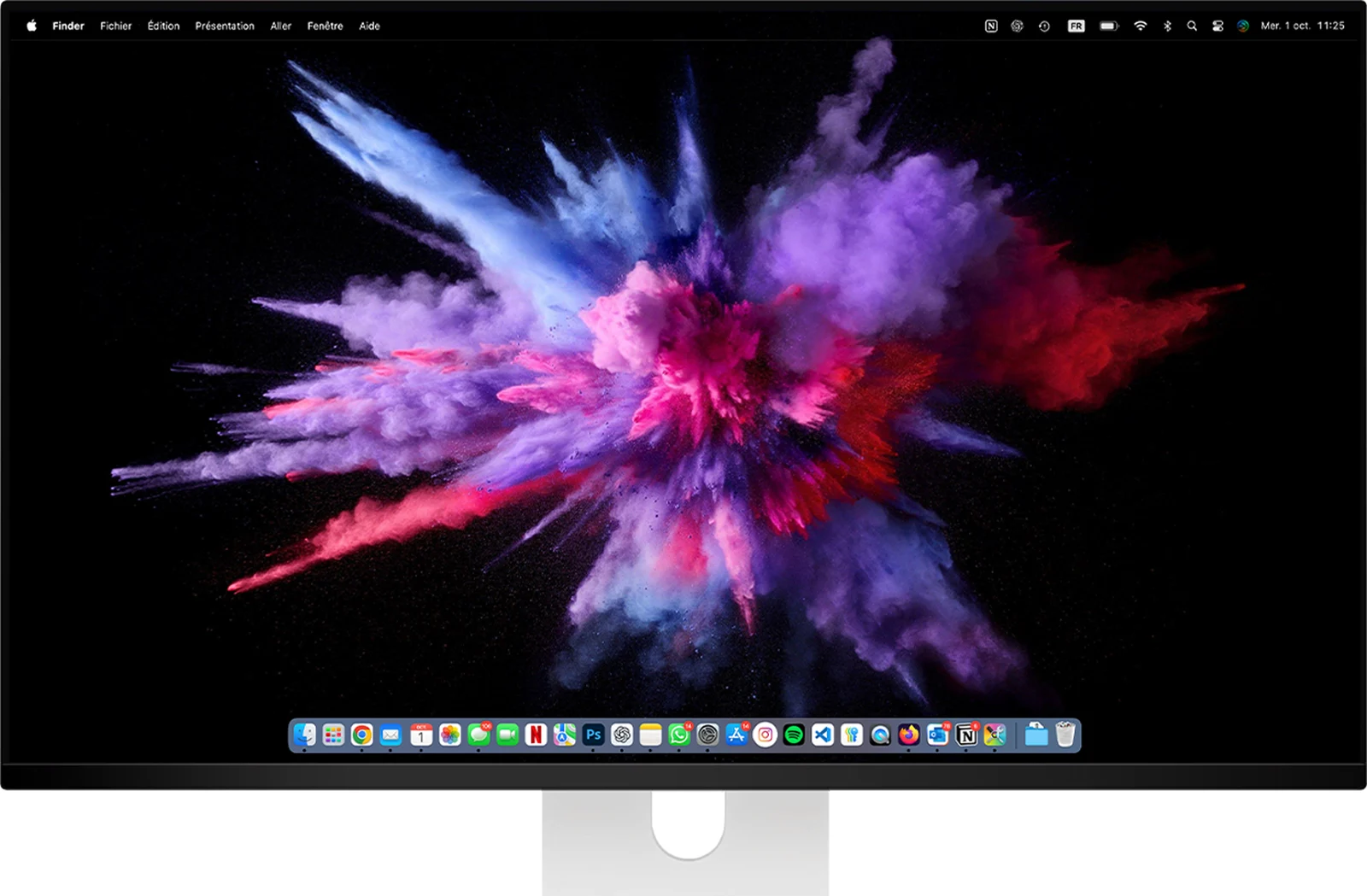 Kuycon Q32S 32-inch 4K QD-OLED-monitor met een macOS-bureaublad, de menubalk en het Dock