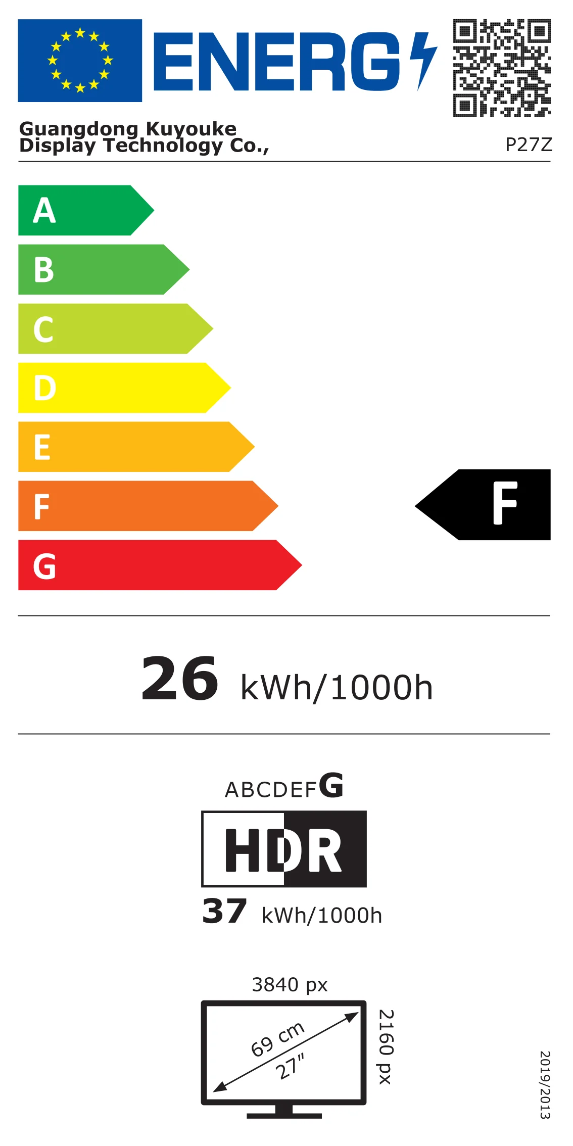 EU-energielabel van de Kuycon P27Z, klasse F