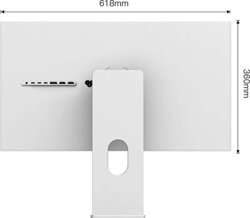 Maattekening van de achterkant van de Kuycon P27Z-monitor: 618 mm breed en 360 mm hoog zonder voet