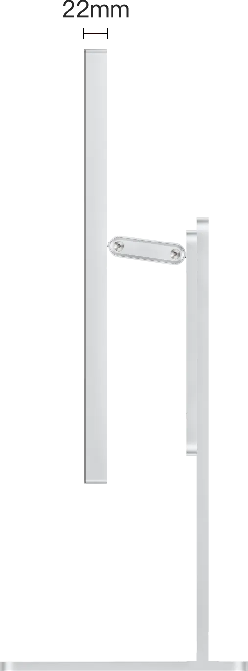 Maattekening van de zijkant van de Kuycon P27Z-monitor op zijn voet, met een behuizingsdikte van 22 mm