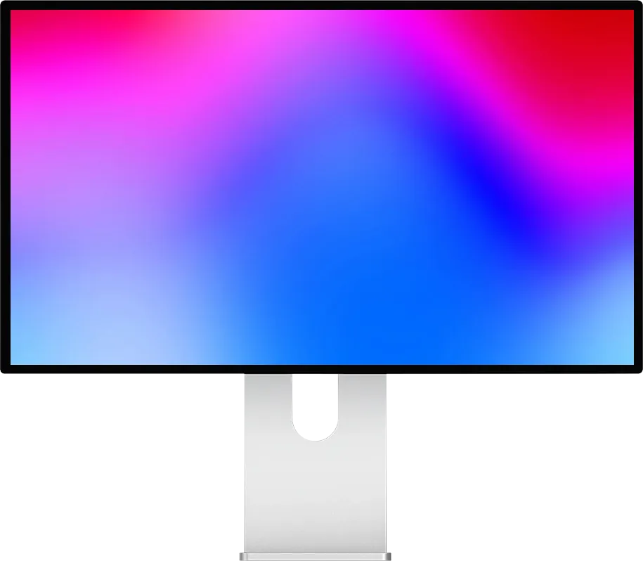 Kuycon P27Z-monitor van voren gezien op zijn aluminium voet, met een achtergrond die verloopt van rood via magenta en paars naar blauw
