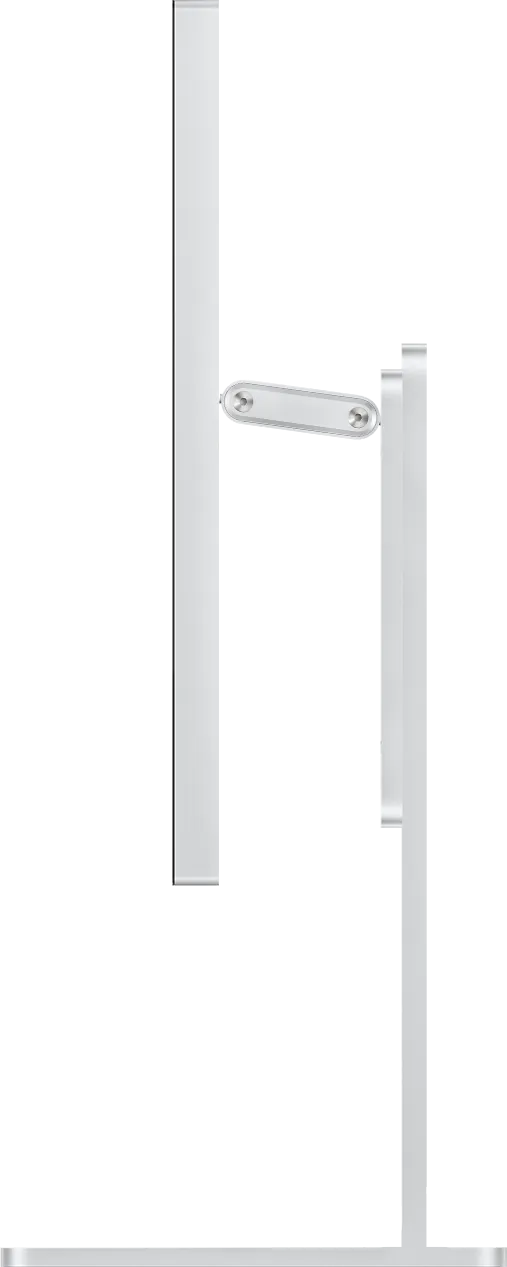 Kuycon P27Z-monitor van opzij gezien op zijn voet, met de slanke behuizing